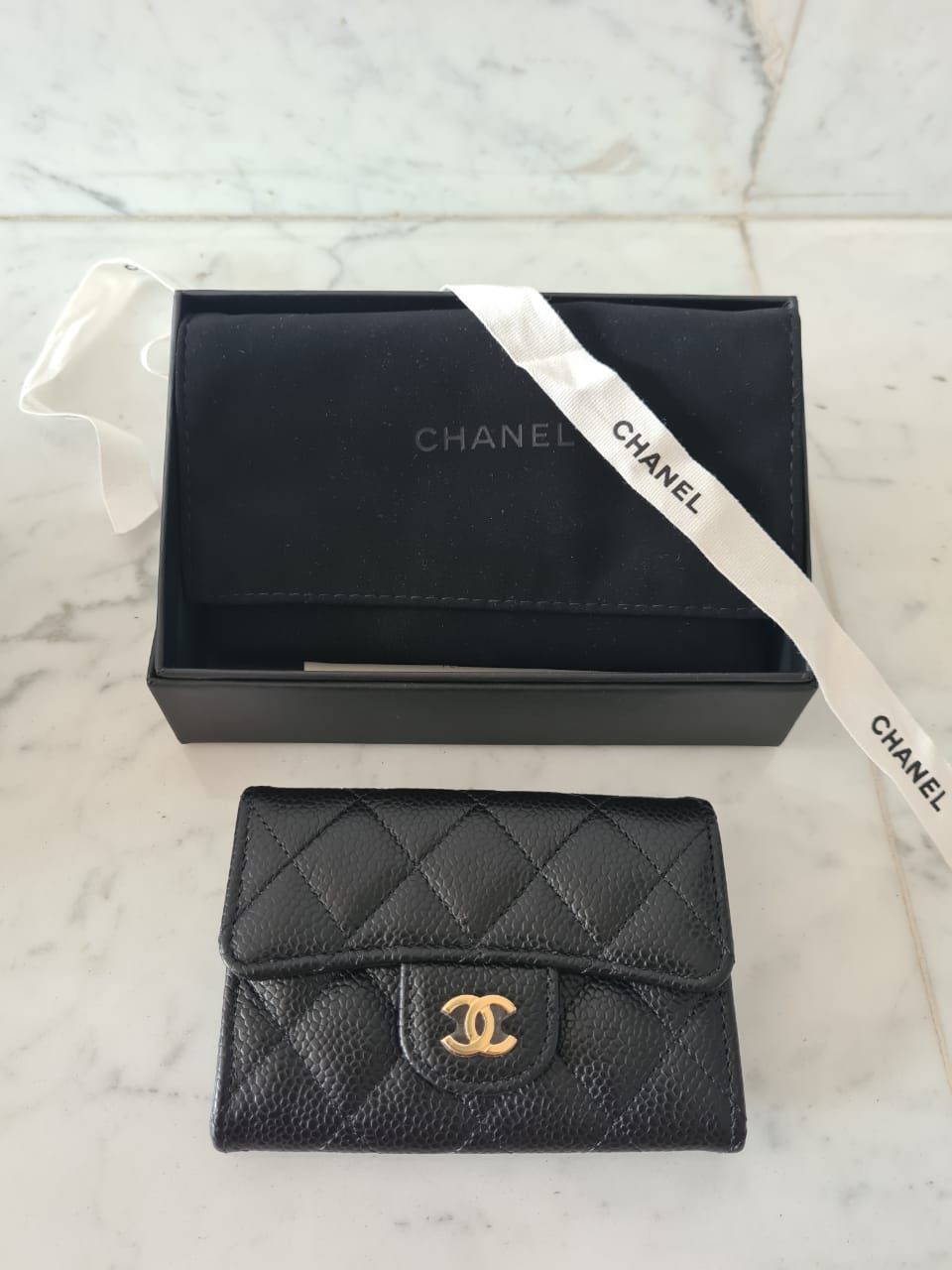 Chanel card flap wallet black caviar ghw chip