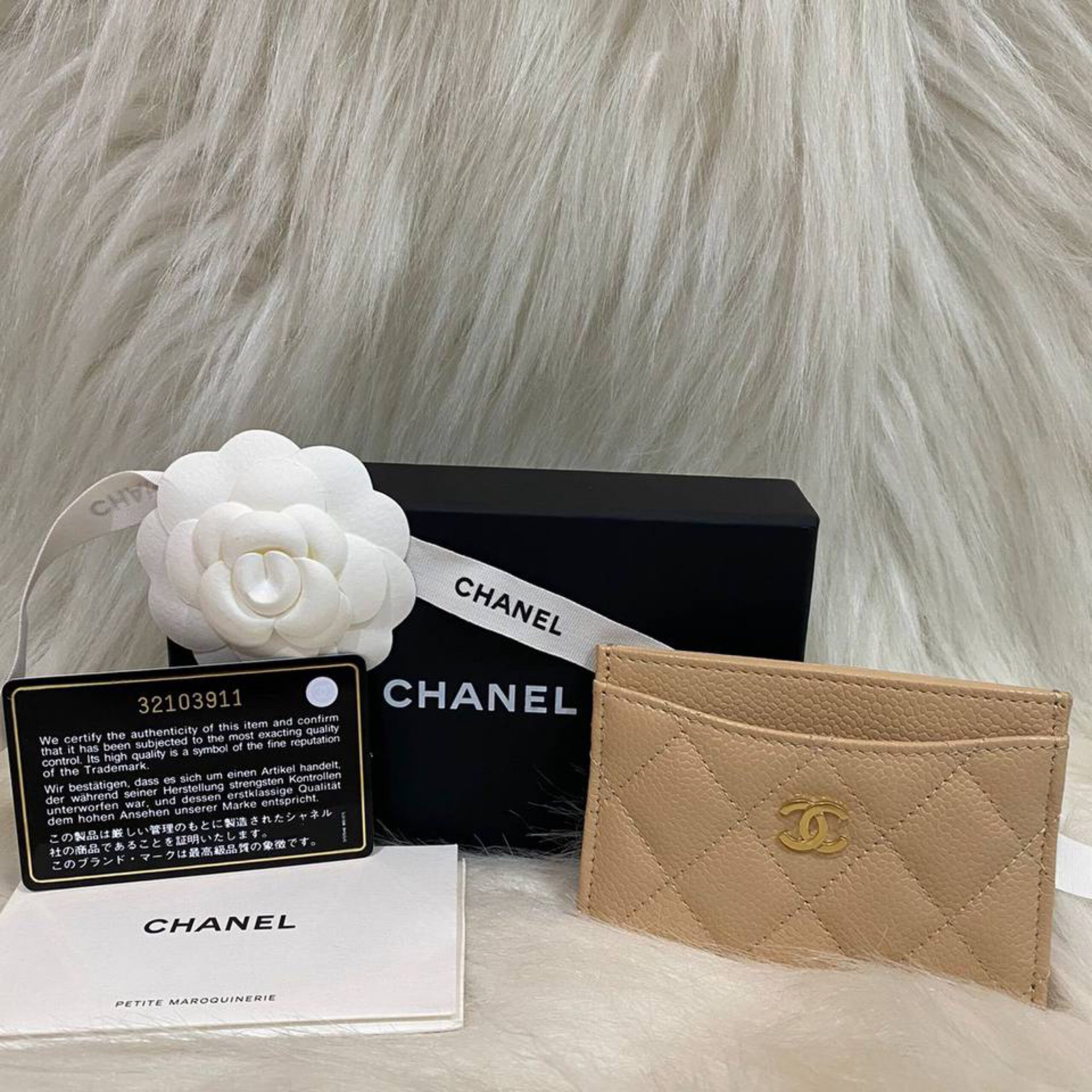 used CHANEL Cocomark Card holder Caviar Skin Leather beige Card Case 10415